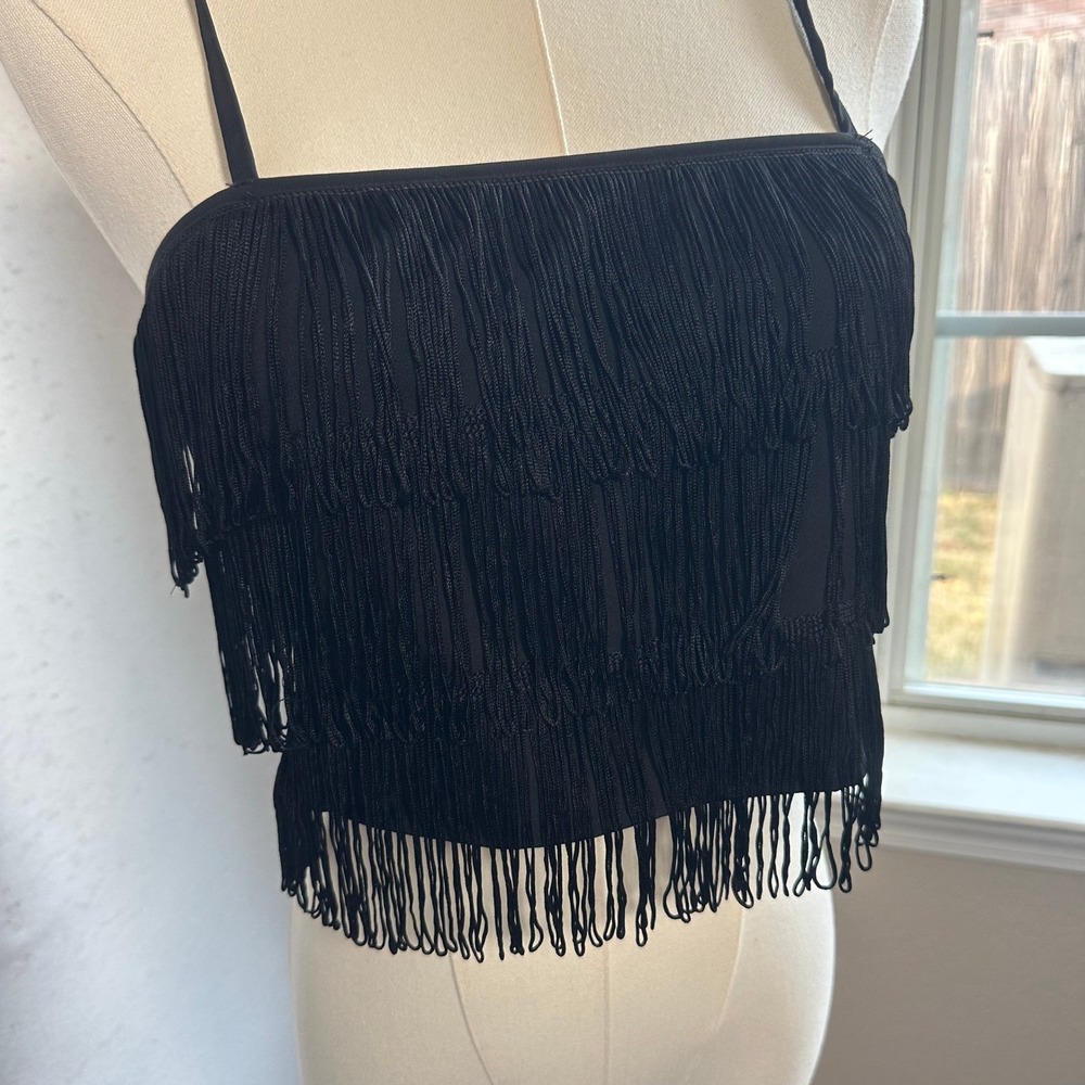 Altar'd State Black Fringe Crop Top Tiered Festival Camisole XS going out